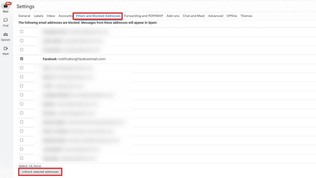 ఎంచుకున్న చిరునామాలను అన్బ్లాక్ చేయండి